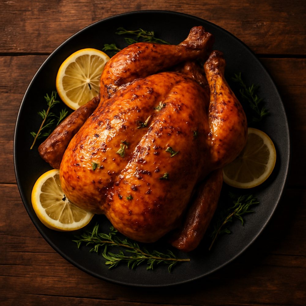 Whole,Roasted,Chicken,,Garnished,With,Sliced,Lemon,,On,A,Black